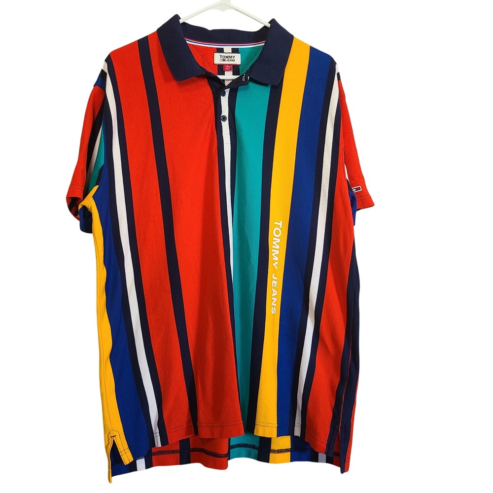 Tommy Jeans Polo Shirt Mens XL Multi Color Good Vertical Stripe DM0DM06025